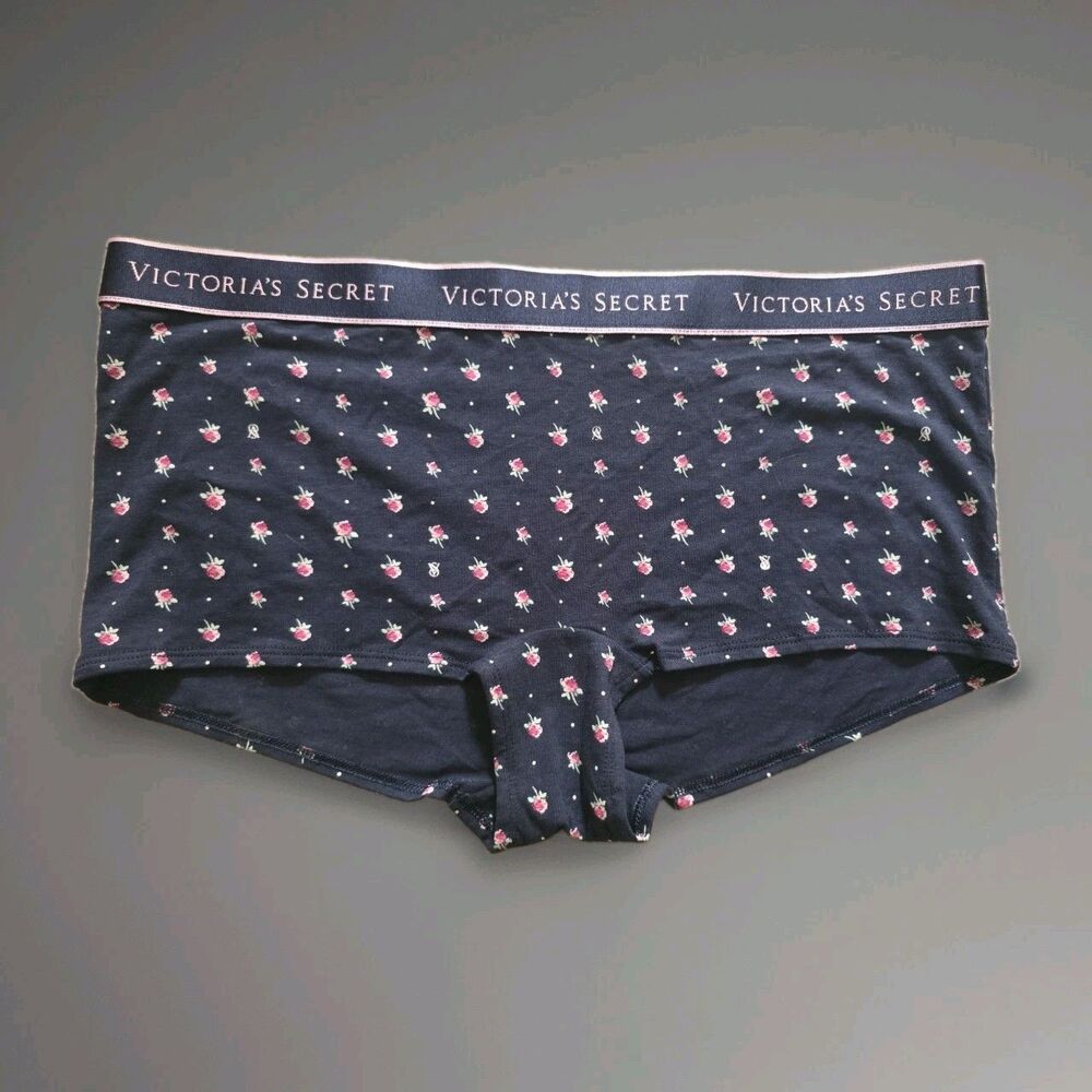 Victoria's Secret Cotton Rose VS Logo Shortie Boyshort Panty Navy Pink Size XL